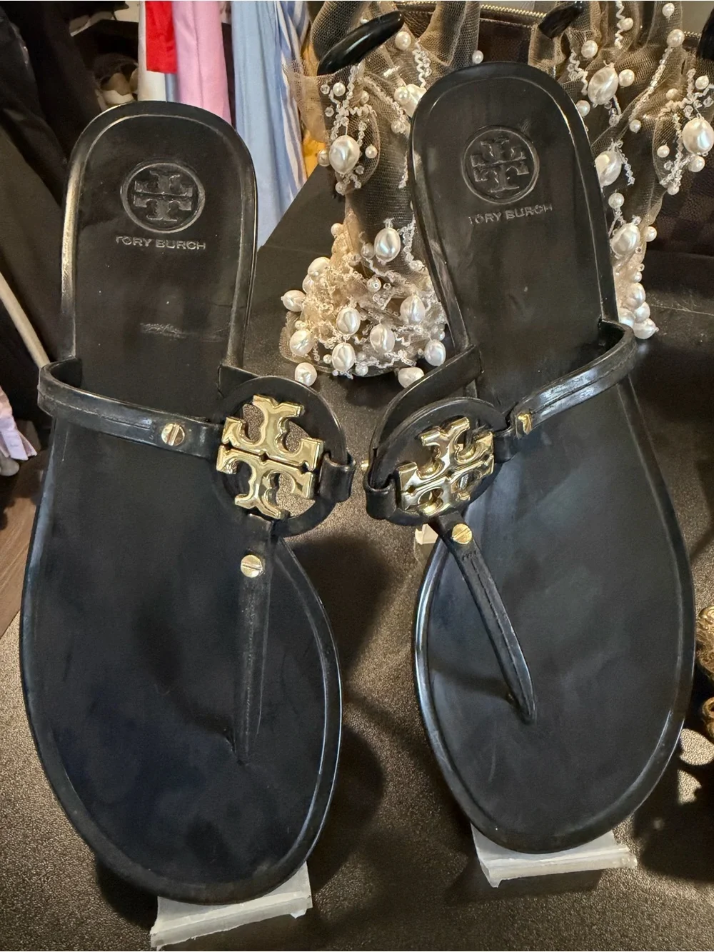 Tory Burch Black jelly Sandals with Gold Logo Accent